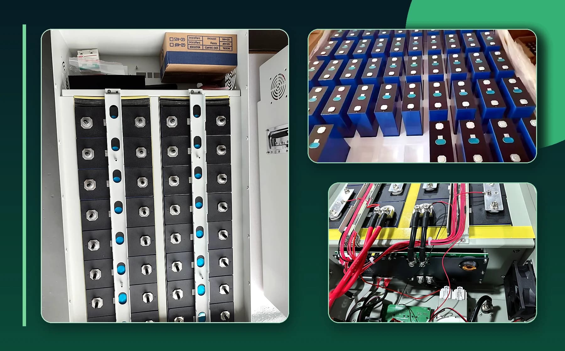 Real product references showing a 16-cell enclosure layout, prismatic LFP cells and internal electrical components