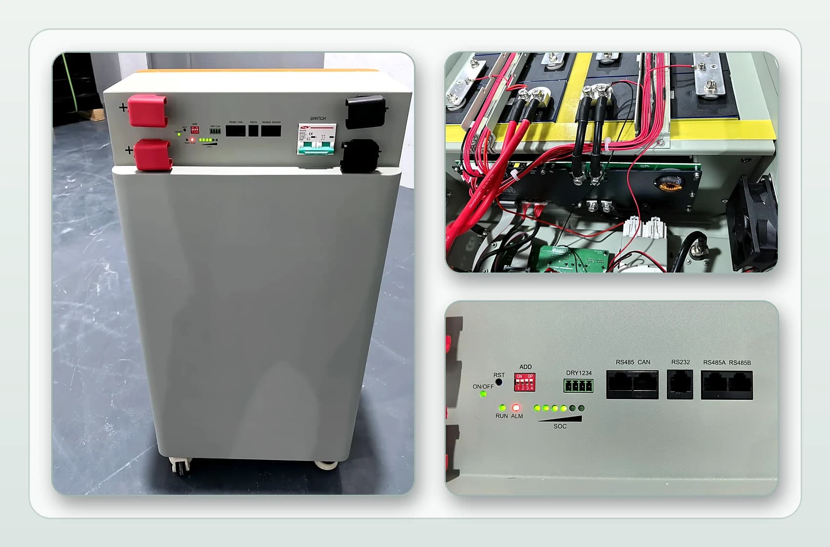 Real product references showing a floor-standing battery box, internal assembly components and communication interfaces